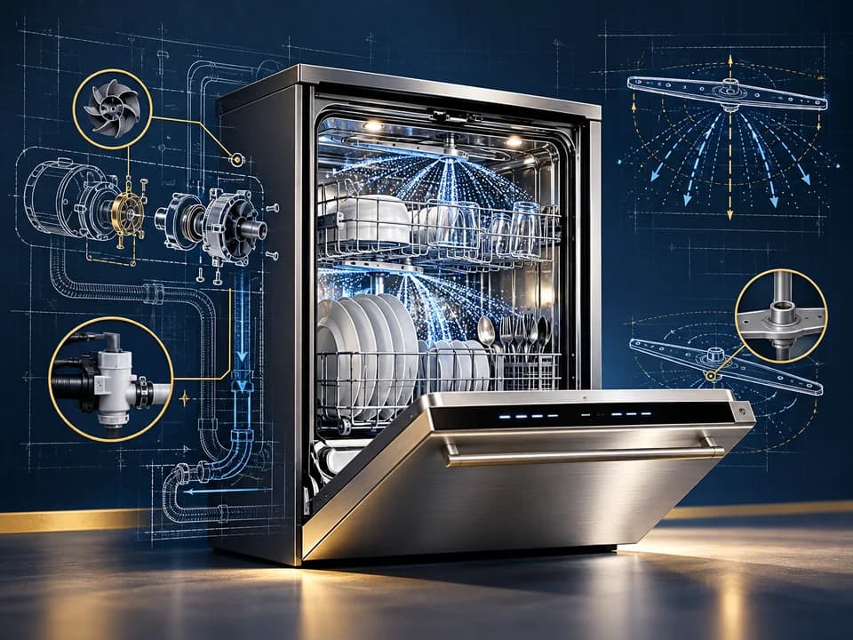 Dishwasher repair training with water circulation and technical diagrams