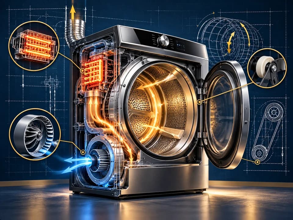 Clothes dryer repair training with heating system and airflow diagrams